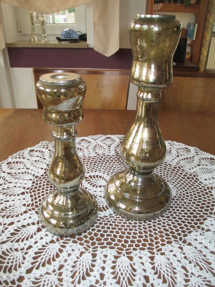 2 moderne Kerzenhalter Glas Shabby Chic silber/bronze Stabkerze in Barbing