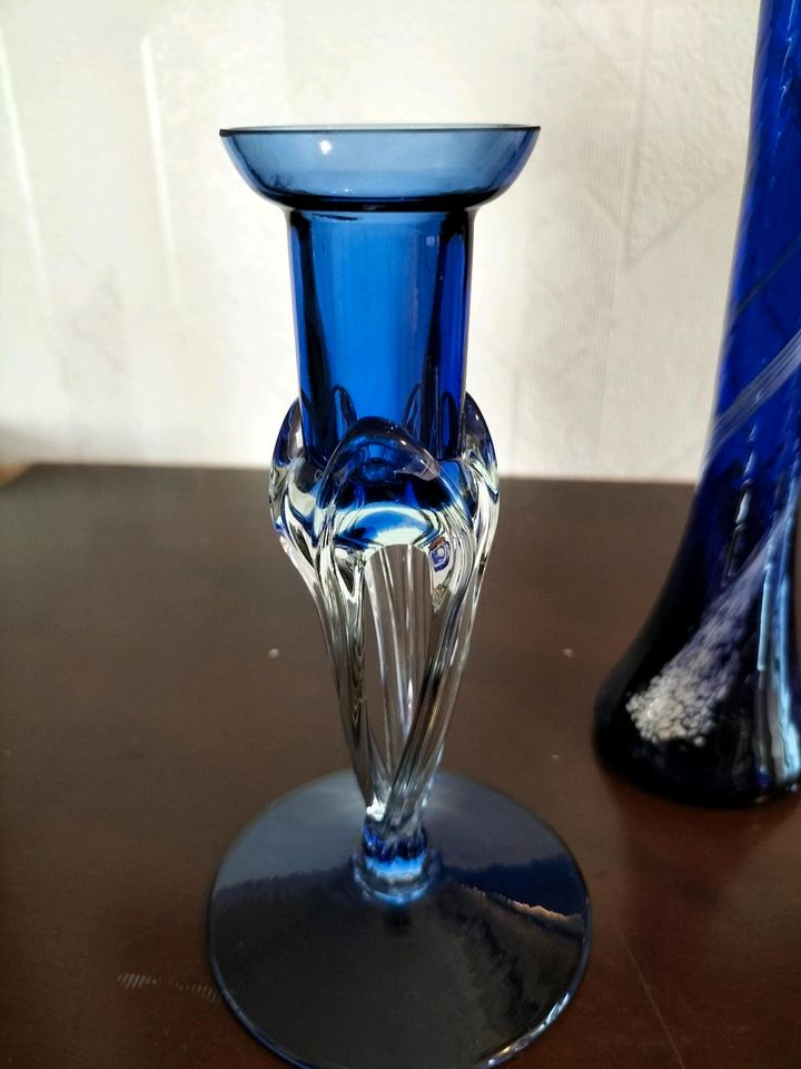 Vintage,DDR Glas Vase,Kerzenständer 70er Jahre mundgeblasen blau in Warthausen