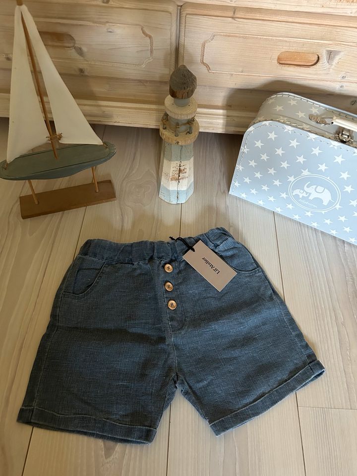 Neu Lil Atelier Shorts Leinen Holzknöpfe Blue Denim 116 in Deutsch Evern