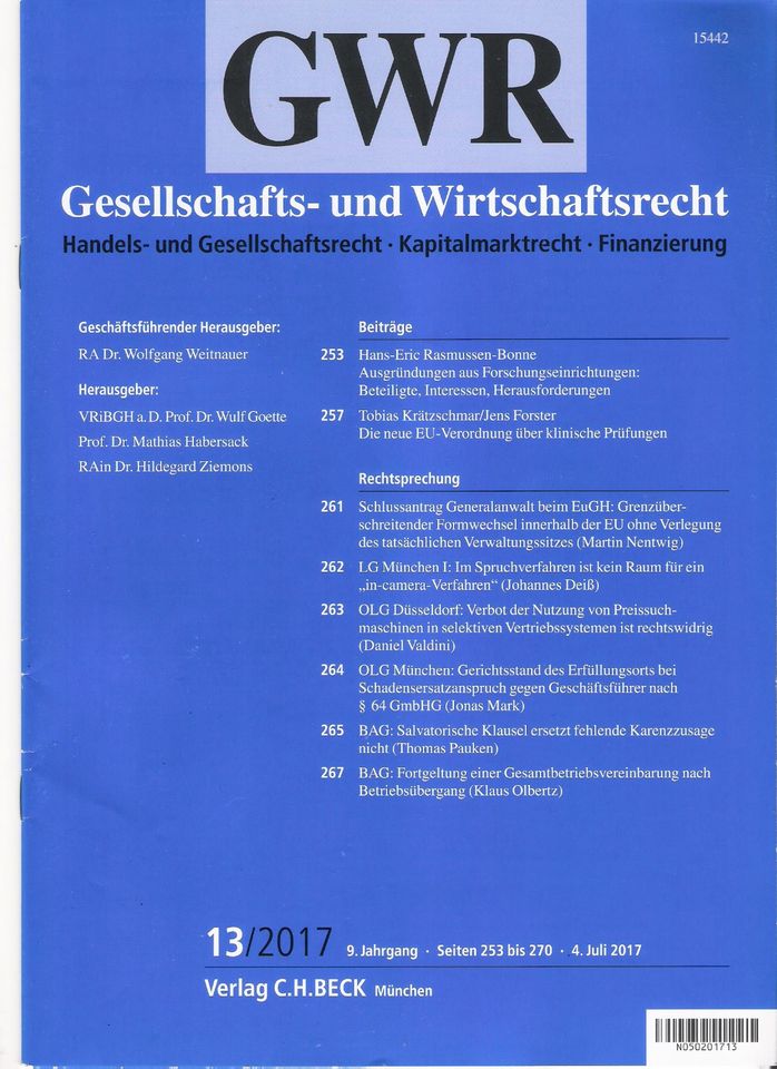 GWR, Gesellschafts- und Wirtschaftsrecht, 2013 und 2017. in Laatzen