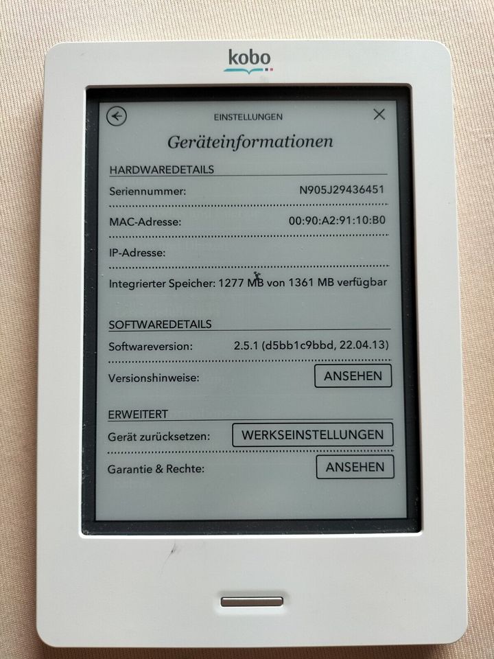 Kobo Touch N905C Weiß 1361MB Speicher Funktioniert Gut Kl. Fleck in Ellhofen