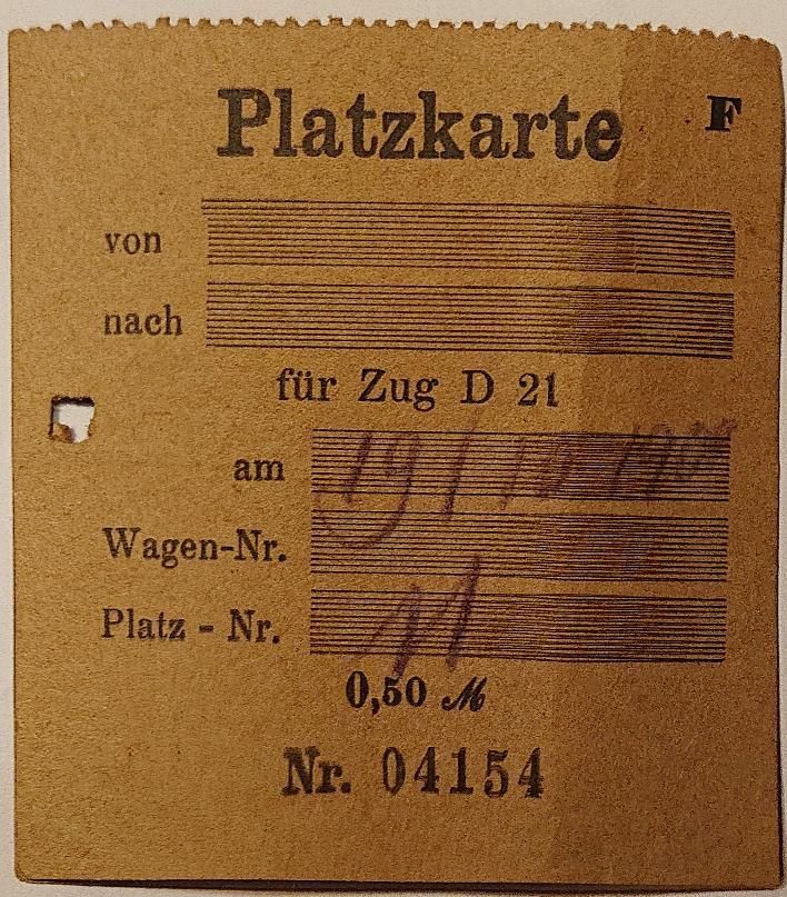 Platzkarte für Zug D 21 vom 19. Oktober 1909 in Panketal