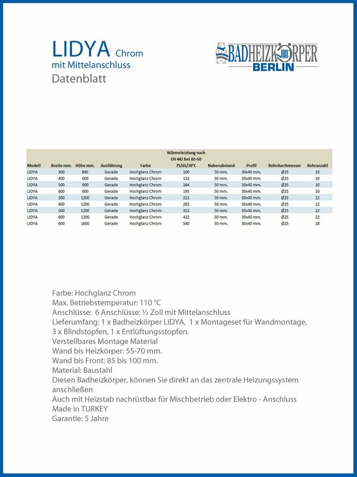 Badheizkörper LIDYA Chrom  B: 300 mm. H: 600 mm. Mittelanschluss in Berlin