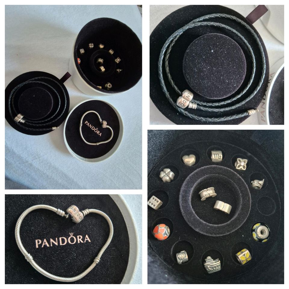 2 Pandora Armbänder (Silber & Leder) und Zubehör in Calberlah