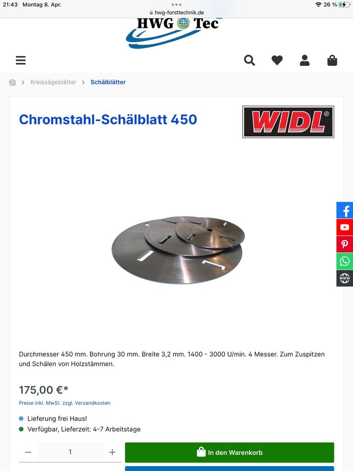 Chromstahl Schälblatt 450mm für Tischkreissäge in Rimpar