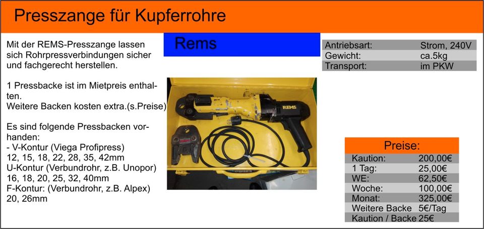 Zu vermieten: Presszange für Kupferrohre & Verbundrohre in Hemer