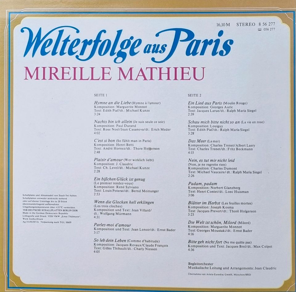 Vinyl Schallplatte Mireille Mathieu Welterfolge aus Paris 1987 in Leipzig