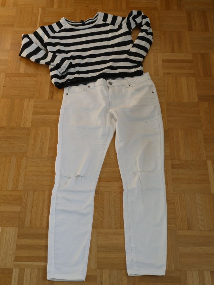 Mädchen / Damen, weiße Hose + Langarmshirt, Gr. L, schwarz-weiß in Petershausen