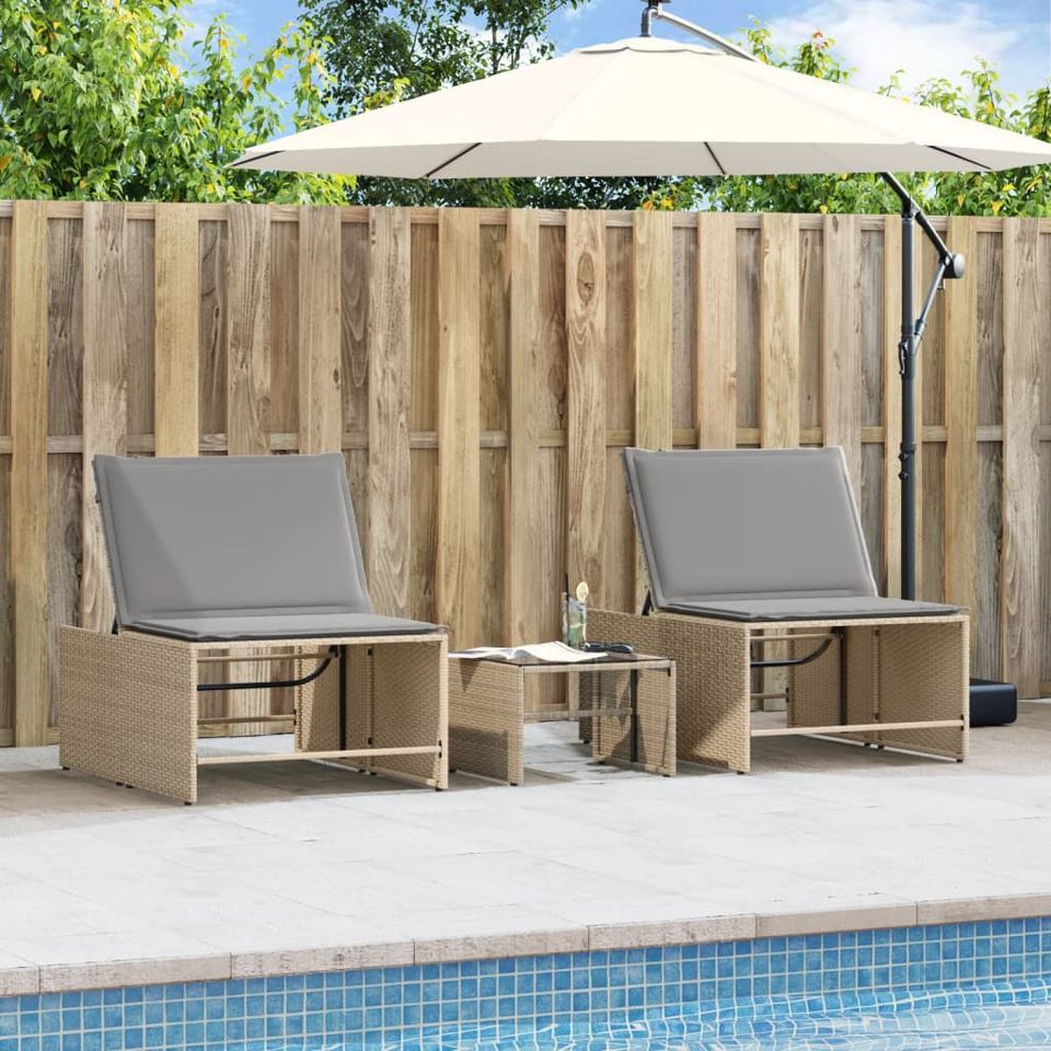 Sonnenliege 2 Stk. mit Tisch Beige Poly Rattan Gartenliege in Bad Kissingen