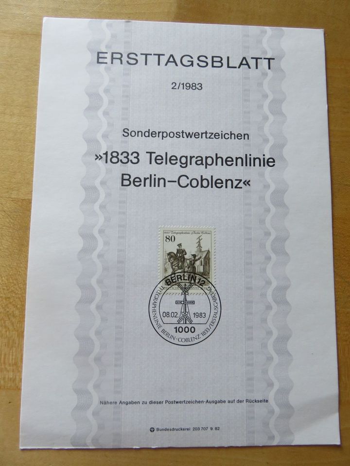 Ersttagsblatt - 2/1983 - "1833 Telegraphenlinie Berlin-Coblenz" in Wolfratshausen