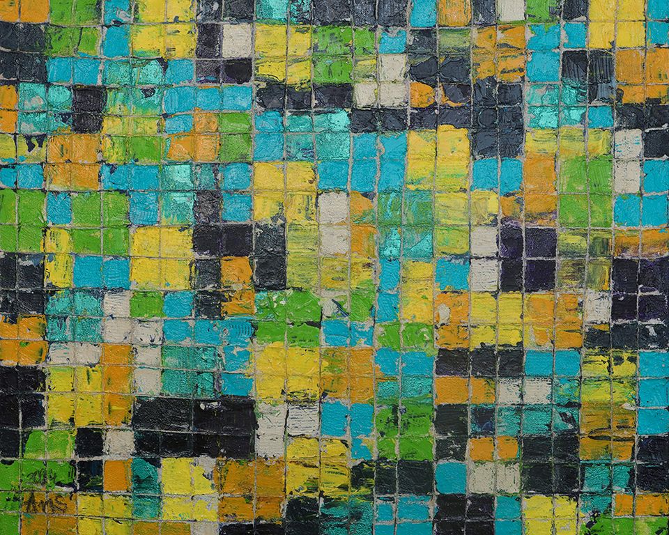 Gemälde Bild Art Bild abstrakt Kunst blau gelb grün Quadrat Acryl in Zehdenick