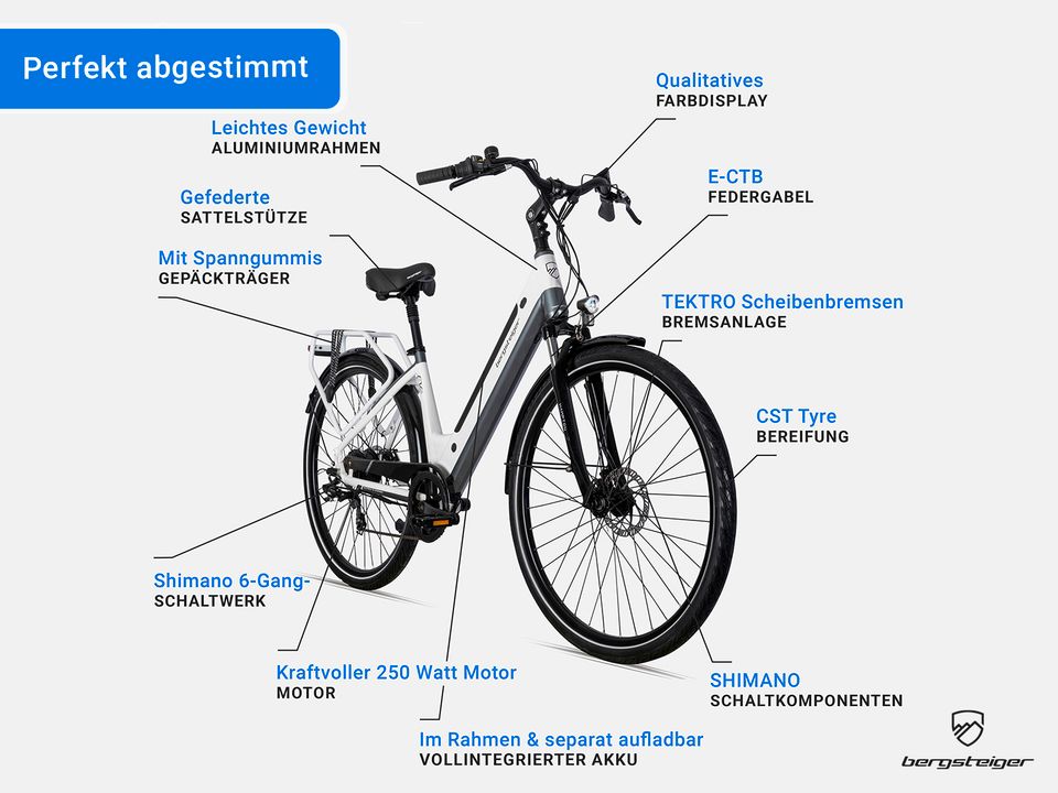 NEU Bergsteiger Hampton E-Bike mit 250 Watt Motor, 28 Zoll, Reichweite ca. 120 km, StVZO, E-Citybike, Scheibenbremsen, Shimano 6 Gang-Schaltung, Farbe weiß, Ebike Probefahrt im Werksverkauf in Diepholz