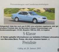 2001 Prospekt Preisliste Mercedes S-Klasse, W 220, EZ: 1998-2005 Sachsen-Anhalt - Halle Vorschau