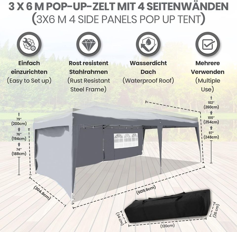 Faltpavillon 3x6m 3-Seitenteile Gartenzelt Partyzelt GRAU NEU in Essen