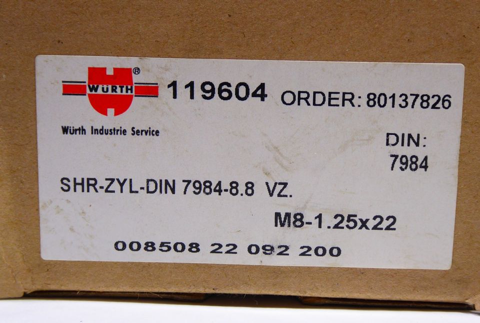 200 x WÜRTH Zylinderkopfschraube SHR-ZYL-DIN 7984-8.8 VZ NEU in Viersen