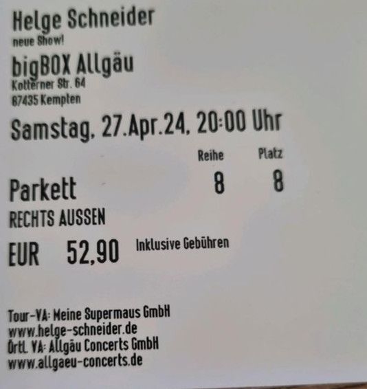 Helge Schneider 2 Tickets Reihe 8 nebeneinander in Fischen