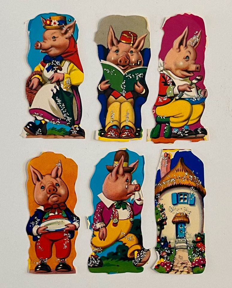 Vintage alte Glanzbilder Oblaten Scraps |Märchen Schweine Glitzer in Hamburg