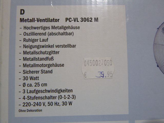 Tisch Ventilator PC-VL3062M Tischventilator Lüfter Metallstandfuß in Eberswalde