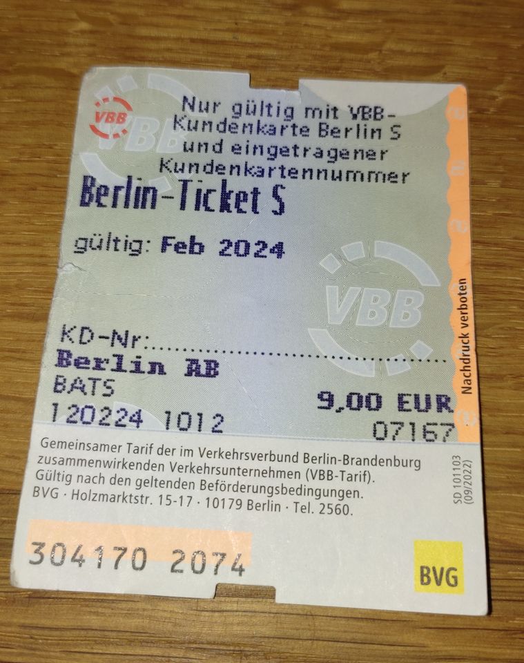 Berlin-Ticket S Februar 2024, Monatskarte ohne Nummer in Berlin