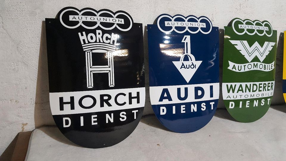 DKW Horch Audi Wanderer Emallienschild Deko Werkstatt in Altenburg