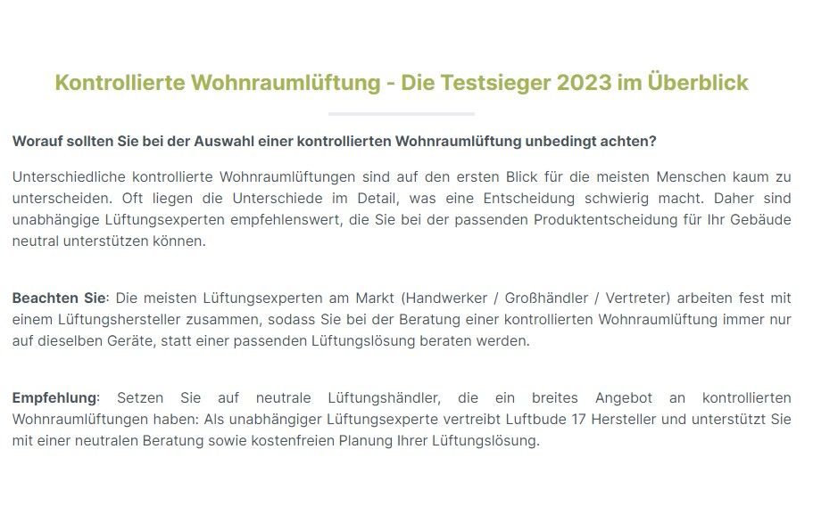 Kontrollierte Wohnraumlüftung - Testsieger 2023 im Überblick in Deining