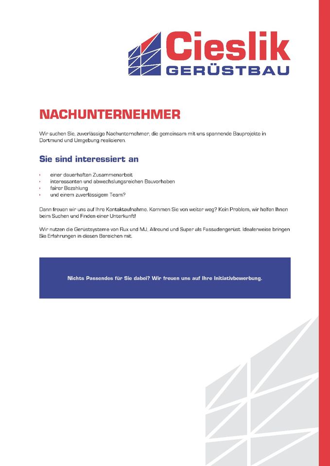 Nachunternehmer Subunternehmer Gerüstbau gesucht in Dortmund