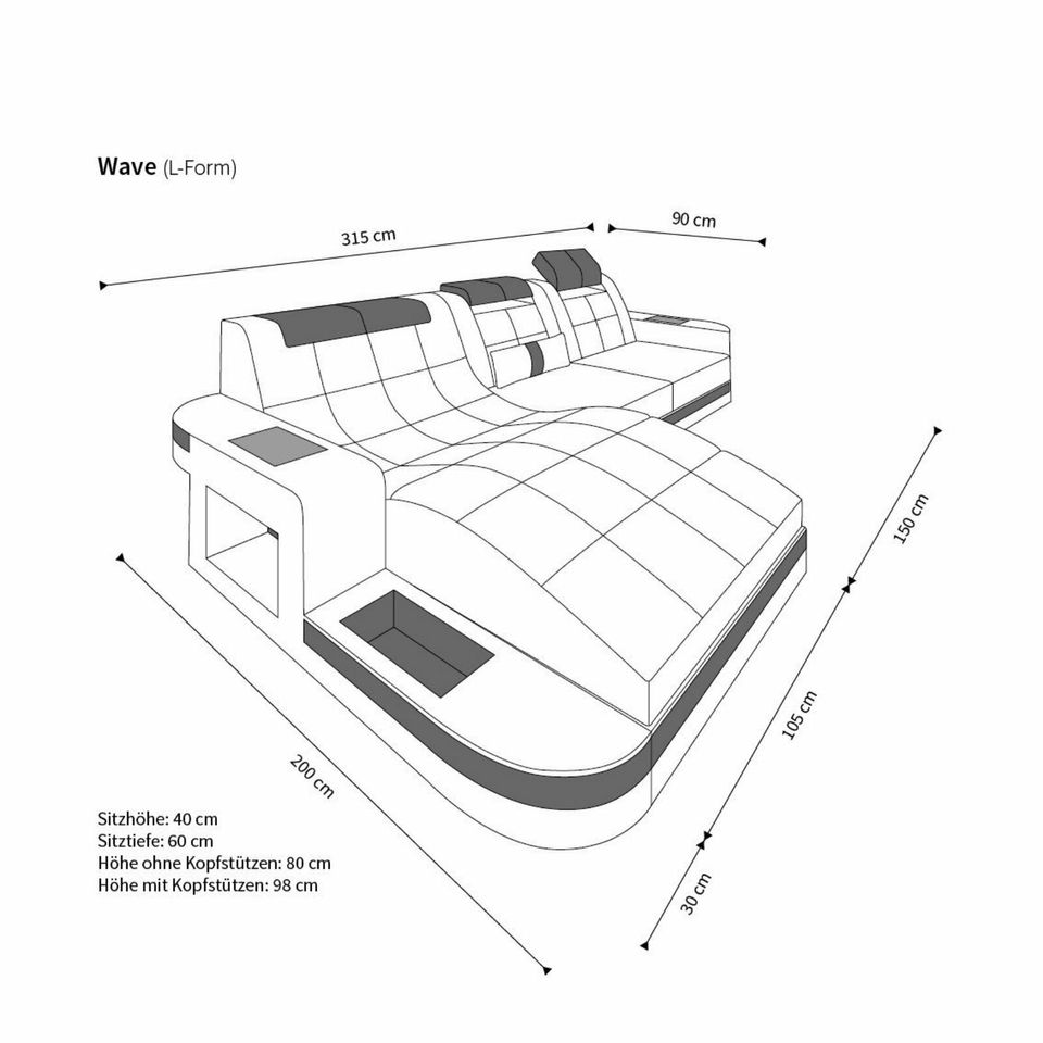 Ledersofa WAVE L Form LED Relax Design Eck Sofa Eckcouch Schwarz in Berlin