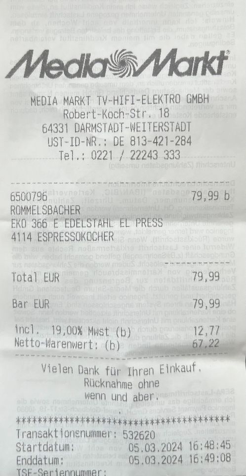 Rommelsbacher Espresso Kocher EKO 366/E in Griesheim