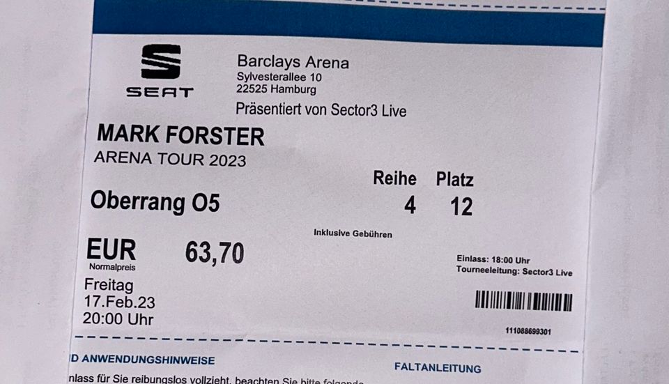 1x Mark Forster Tour Ticket Hamburg 08.5. in Hamburg