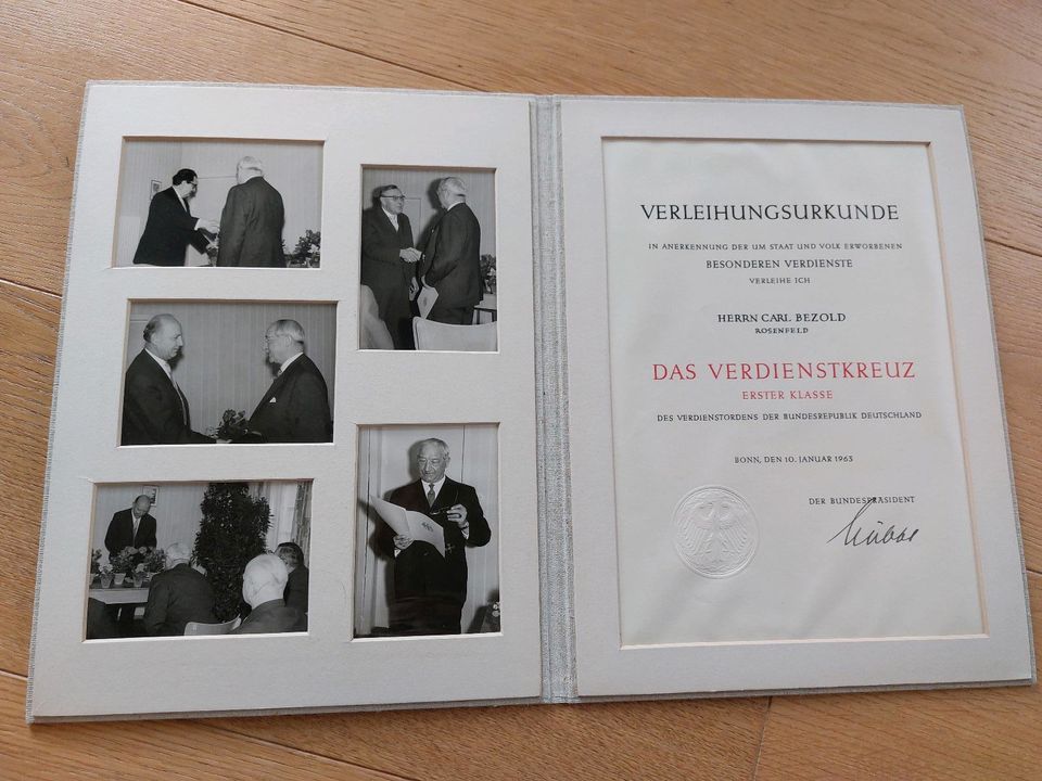 Bundesverdienstkreuz, Verleihungsurkunde, Bezold, Lübke, 1963 in Nürtingen