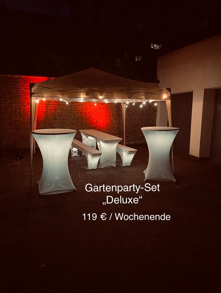 Gartenparty-Set mit Bierzeltgarnitur, Stehtisch & Faltpavillon zur Miete direkt an der Uni Köln! Verleih Partyequipment Partyausstattung Eventverleih Partyzelt Festzelt Pavillon in Köln