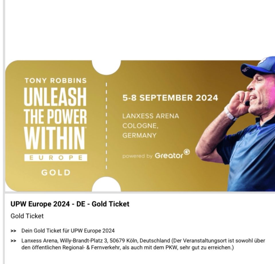 Gold Ticket Tony Robbins- UPW Europe 2024 inkl.Übersetzung in Köln