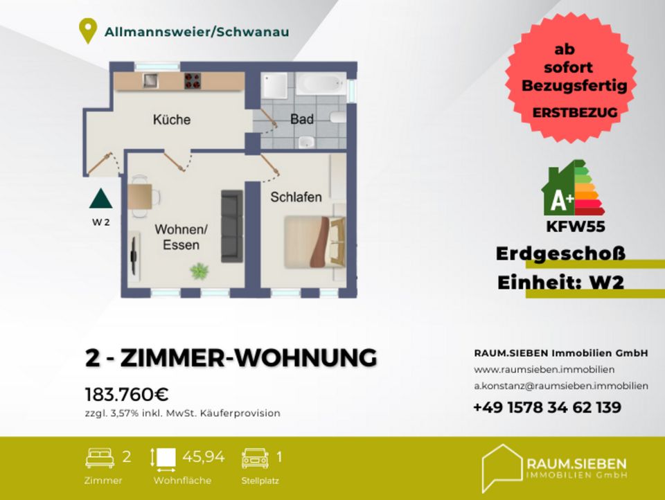 2-Zimmer-Wohnung * energetisch kernsaniert in 2023 * Keller * Stellplatz * Allmannsweier in Schwanau