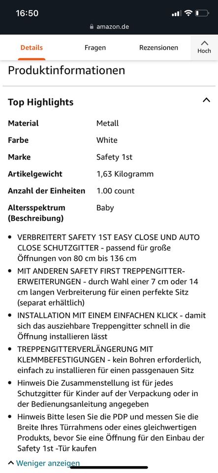 Safety 1st Treppenschutzgitter Verlängerung 28cm Weiß in Detmold