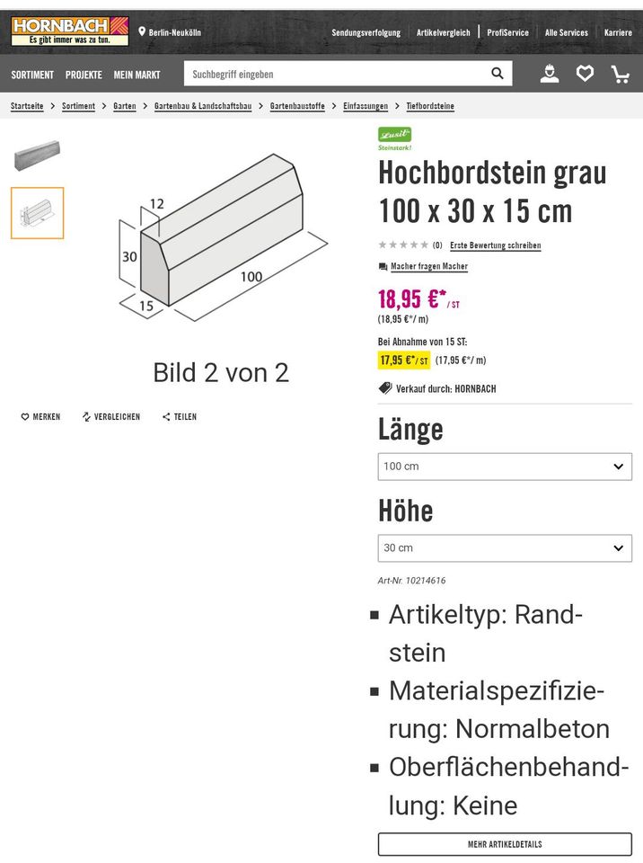 Hochbordstein Straßenborde Bordstein Borde 100 x 30 x 15 cm in Pausa/Vogtland