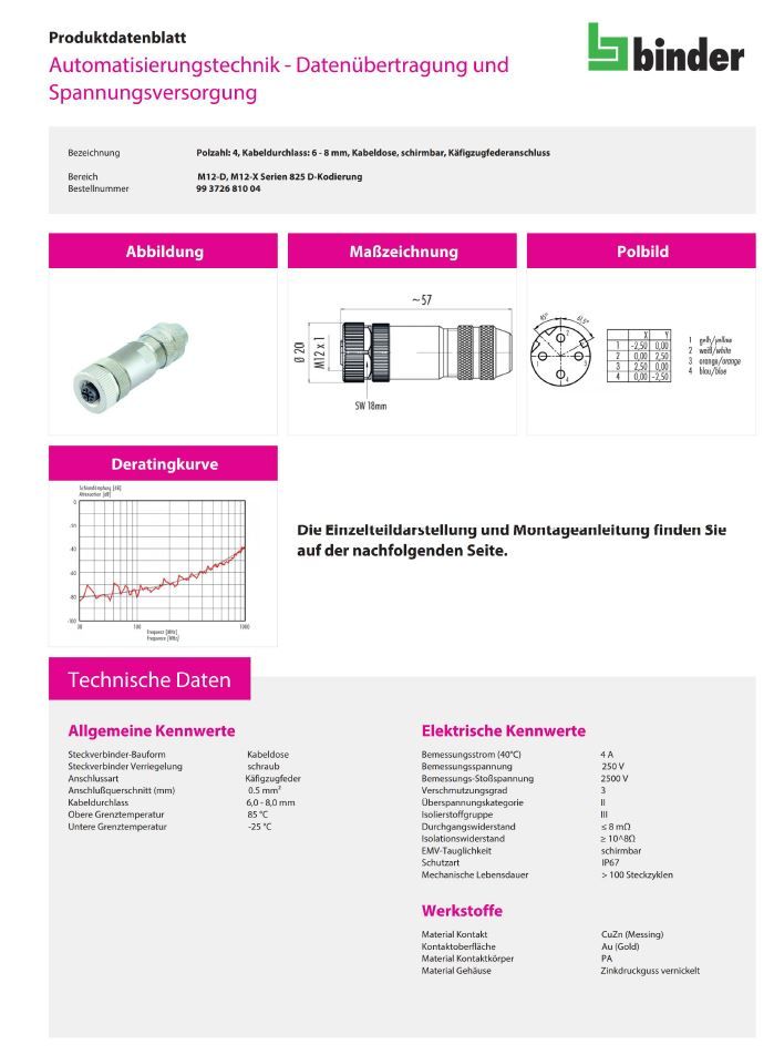 Profinet Binder Kabeldose M12-D 99 3726 810 04, 99372681004 in Simbach