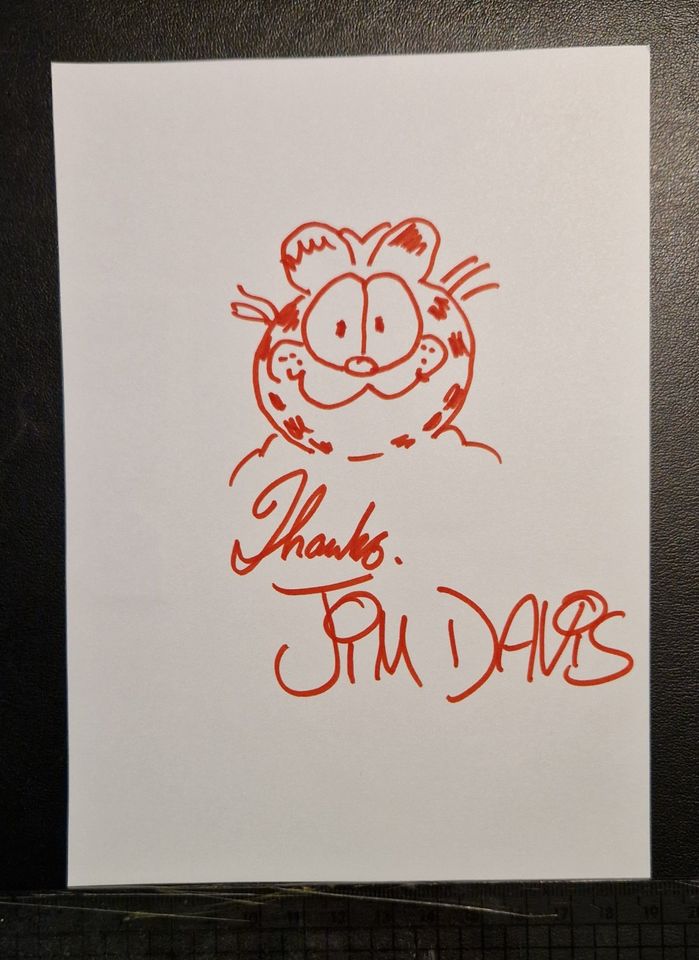 Autogramm Jim Davis grosse Garfield Zeichnung wunderschön in Berlin