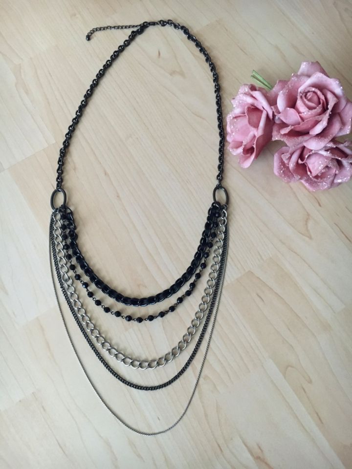 lange Hals-Kette Layering modern edel Blogger Boho schwarz silber in Langweid am Lech