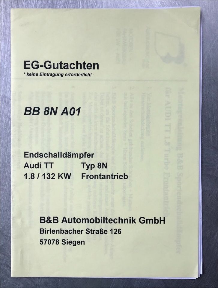 Audi TT 1.8 Turbo Typ 8N Sportauspuff Auspuff Dokumente Papiere in Mechernich