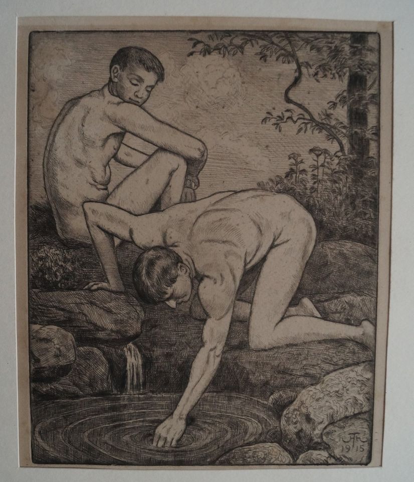 Zeichnung Radierung Hans Thoma, 2 Männer an Quelle in Dresden