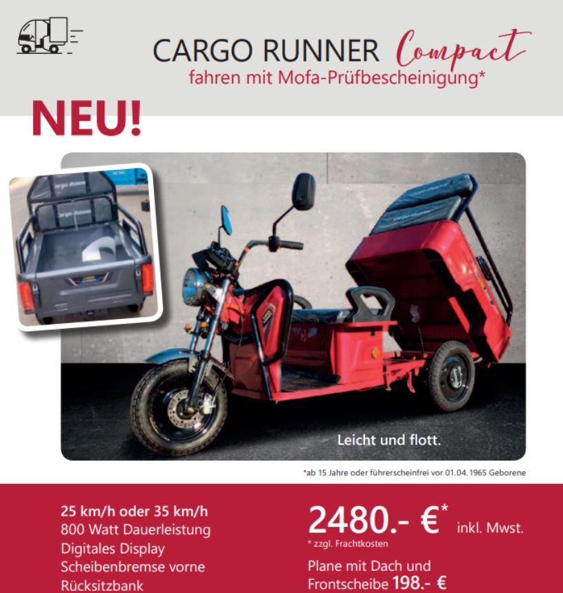 Neu !!!! Cargo Runner Compact 25 km/h oder 35 km/h, Teenymobil, Seniorenmobil, E-mobil, Flitzer, Glücklichmacher, SAUgeil in Mandelbachtal
