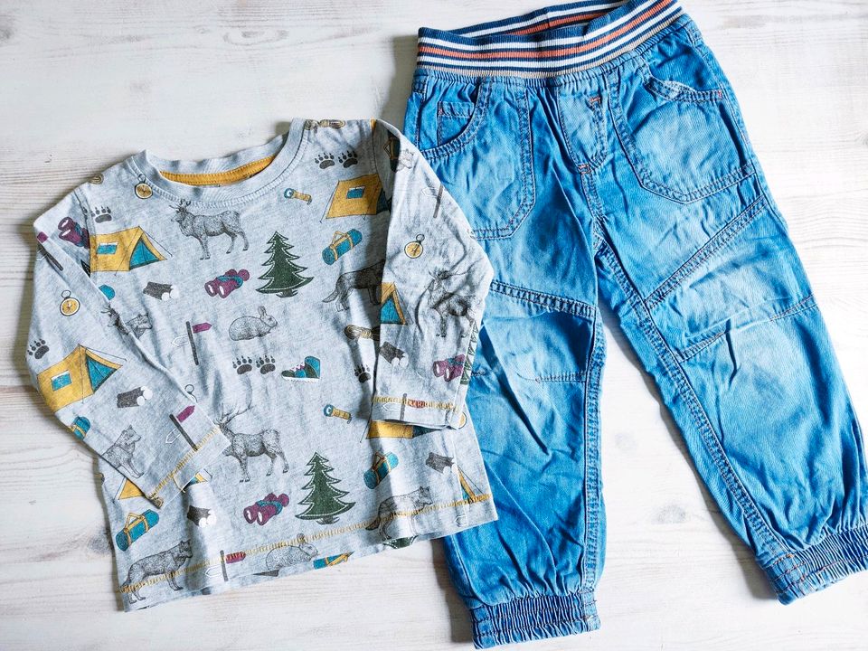 Jungen Jungs Outfit 92 Kleiderpaket Jeans Langarmshirt Wald Tiere in Uhlstädt-Kirchhasel