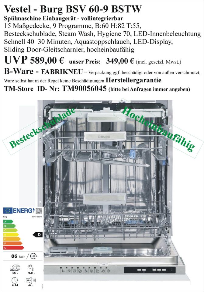 Spülmaschine NEU als B-Ware Einbaugerät Standgerät Einbau Stand Gerät teilintegriebar vollintegriebar integriebar teil voll auch Miele Neff AEG Siemens Bosch usw. auch für Gewerbe Pension Gastro in Wolfhagen 