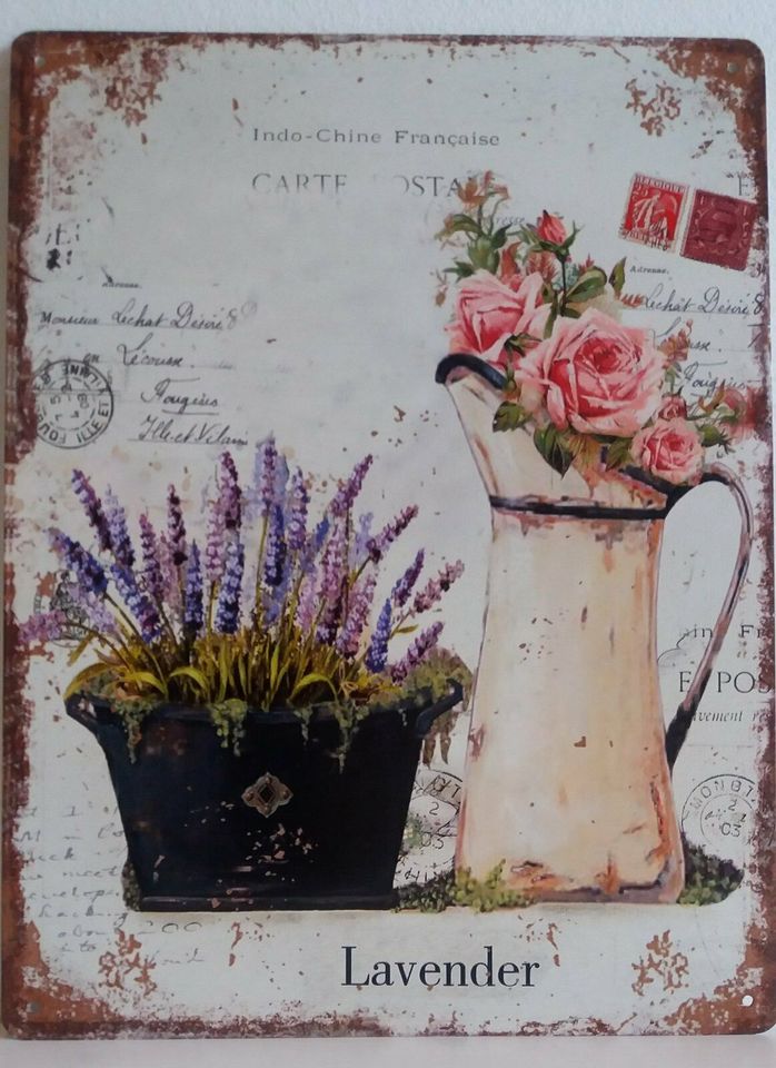 Blechschild Wandbild Lavendel Rose Kanne Carte Postale NEU in Bissendorf