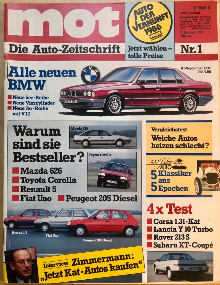 MOT die Auto Zeitschrift 1/1986 Lancia Y10 Rover 213S Subaru XT in Essen