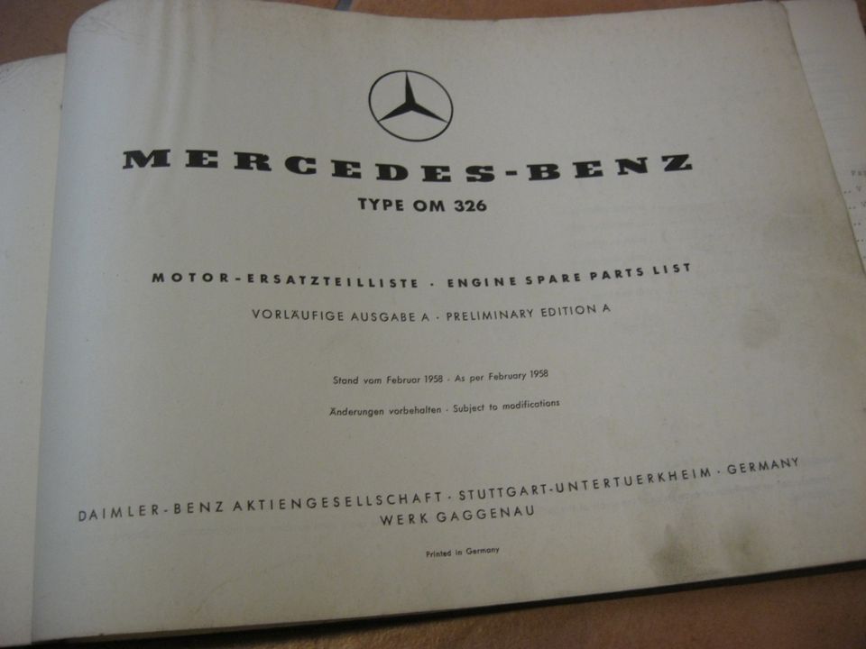 Mercedes Ersatzteilkatalog Motor OM 326 Teilekatalog 2/1958 in Osterholz-Scharmbeck