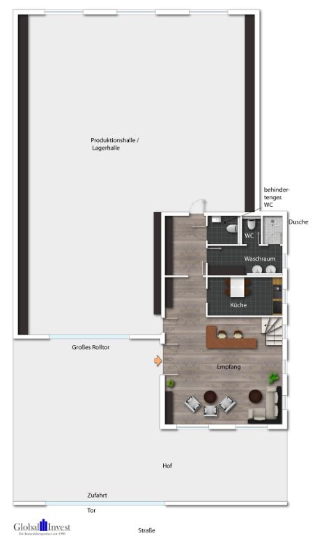 GLOBAL INVEST SINSHEIM | Repräsentative Lagerhalle mit großem Empfang, Büroflächen oder Showroom in St. Leon-Rot