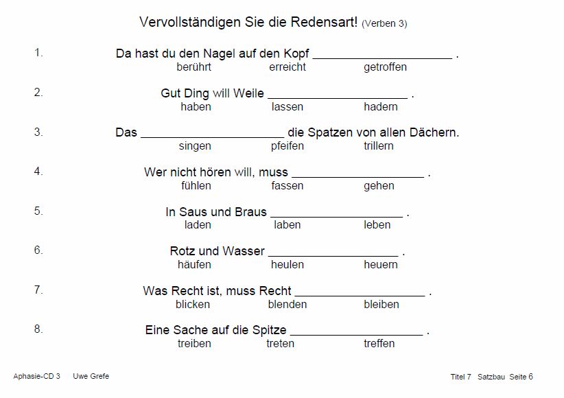 Logopädie: Arbeitsvorlagen (Nr. 3) schwere / mittelschw. Aphasie in Lemgo