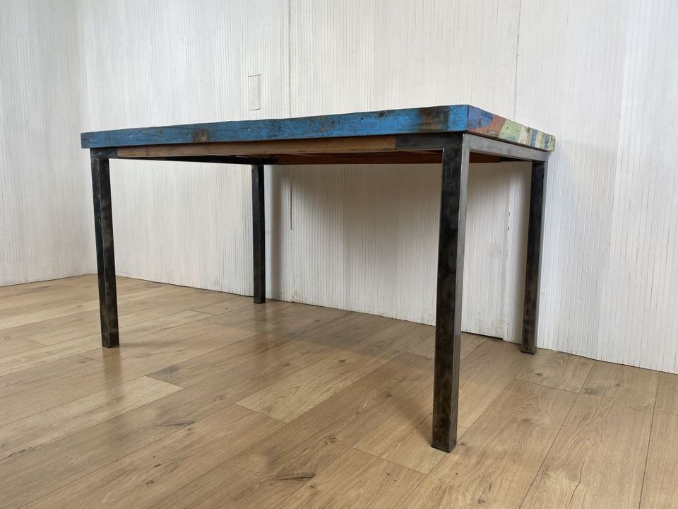 Boatwood by WMK # Wunderschöner Esstisch (140x90cm), ein aus altem Bootsholz handgefertigtes Unikat, Patchwork Teakholz auf Metallgestell # Tisch Esszimmertisch Küchentisch Holztisch Dinning Table in Berlin