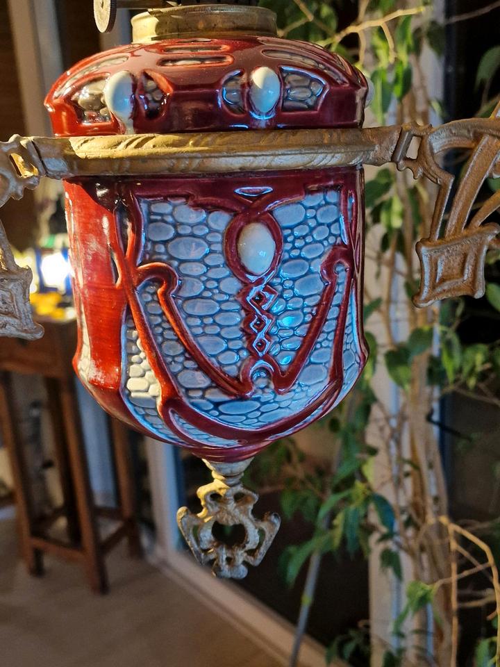 Antike Petroleumlampe Hängelampe Jugendstil Majolika ca.1910 in Lübeck